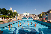 Open-air area of the Gellert Baths, People in the open-air area of the Gellert Baths, Buda, Budapest, Hungary