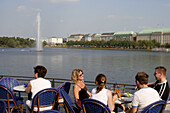 Inner Alster lake, Binnenalster, tourists, visitors on terrace of Alex Hamburg, Cafe im Alsterpavillon, Jungfernstieg 54, Alster, Hamburg