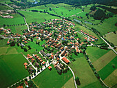Aerial photo of village and fields , Upper Bavaria, Germany
