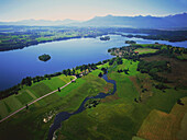 Aerial view of Staffelsee and German alps, Upper Bavaria, Germany