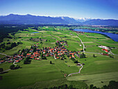 View from Aidlinger Hoehe to Staffelsee and Zugspitze, German alps, aerial view