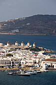 Aerial view of the harbour with windmills and ships, Mykonos-Town, Mykonos, Greece