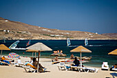 View from Kalafati beach to surfers in action, Kalafati, Mykonos, Greece