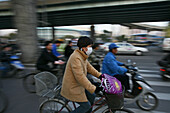 Traffic Shanghai, bicyclist, breathing mask, face-mask, elevated motorway, junction