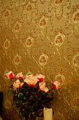 Roses, candle, wallpaper, still life