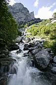 View of a stream with Val di Mello Pizzo Cacciabello in the background, Bregaglia Mountains, Italy
