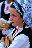 Girl wearing traditional dress, village festival,San Juan de Poio,Province Pontevedra,Galicia,Spain