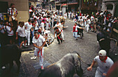 Bull running.Encierro-Mercaderes,Estafeta,Fiesta de San Fermin,Pamplona,Navarra,Spain