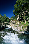 River with traditional stone bridge near Foroglio, Ticino, Switzerland