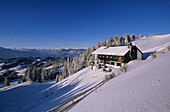 Alpine hut in a snow-covered landscape, Spitzsteinhaus in winter, Bavarian mountain range, Upper Bavaria, Germany