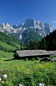 Alpine hut in the mountains, Karwendelhaus, Karwendel Mountains, Tyrol, Austria