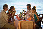 Group of people drinking red wine together, beach restaurant, Apulia, Italy