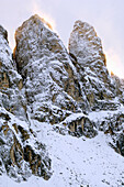 Snow- covered rock formation, Gruppo di Stella, Dolomites, Italy