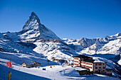 View to Hotel Riffelberg (2582 m), Matterhorn (4478 m) in background, Zermatt, Valais, Switzerland