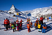 Children learning skiing, Matterhorn (4478 m) in background, Zermatt, Valais, Switzerland