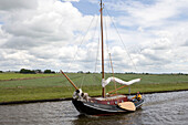 Dog on Sailboat Bow,Noorder Oudeweg Waterway, near Joure, Frisian Lake District, Netherlands