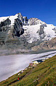 Hoffmanns hut with the Pasterze glacier and grossglockner, Glockner range, Hohe Tauern national park, Carinthia, Austria
