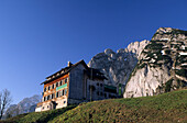 Gablonzer Hut at Zwieselalm with Gosaukamm and Dachstein mountain range, Upper Austria, Austria