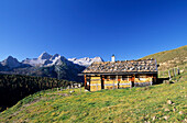 Traditional alpine hut with shingle roof in front of Leoganger Steinberge and Birnhorn, Kallbrunnalm, Berchtesgaden range, Salzburg, Austria