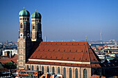 Church Frauenkirche seen from spire of Alter Peter, Munich, Upper Bavaria, Bavaria, Germany