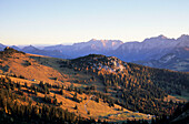Alpine pasture of Hochalm at Sonntagshorn with view to Loferer and Leoganger Steinberge, Chiemgau alps, Salzburg, Austria