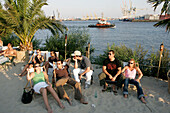 Beach Club at River Elbe, visitors, guests, City, Altona, St.Pauli, harbor, port, Hamburg