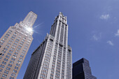 Woolworthgebäude unter blauem Himmel, Broadway, Manhattan, New York, Amerika, USA