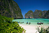 View over Maya Bay, a beautiful scenic lagoon, famous for the Hollywood film "The Beach" with anchored boats, Ko Phi-Phi Leh, Ko Phi-Phi Islands, Krabi, Thailand, after the tsunami