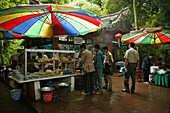 Pilgrims at a diner on the wayside of the pilgrimage route, Emei Shan, Sichuan province, China, Asia