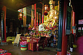 Golden statue of Buddha with white elephant at Wannian monastery, Emei Shan, Sichuan province, China, Asia