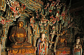 Statuen von Buddha und der Gottheit Shakyamuni, Hängendes Kloster, Hengshan Nord, Provinz Shanxi, China, Asien
