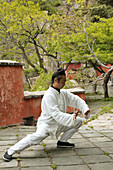 Taichi Mönch, Tai Shan,Taiji-Übung, Taoistischer Mönch Zhang Qingren demonstriert die hohe Kunst des Taichi, entlegenes Kloster Hou Shi Wu, Stone Fort, Steinfestung, Taishan, Provinz Shandong, Taishan, Provinz Shandong, UNESCO Weltkulturerbe, China, Asien