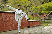 Taichi Mönch, Tai Shan,Taiji-Übung, Taoistischer Mönch Zhang Qingren demonstriert die hohe Kunst des Taichi, entlegenes Kloster Hou Shi Wu, Stone Fort, Steinfestung, Taishan, Provinz Shandong, Taishan, Provinz Shandong, UNESCO Weltkulturerbe, China, Asien