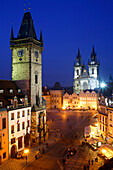 View of the old town square at night with Tyn church, Old Town Hall, Staromestske Namesti, Prague, Czech Republic