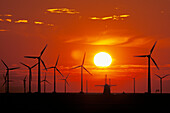 Windkraftwerk und alte Windmühle bei Sonnenuntergang an der Nordsee, Holland