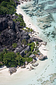 Luftaufnahme von Anse Source D´Argent Beach, La Digue Island, Seychellen