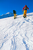 A couple snowshoeing in a winter landscape, Serfaus, Tyrol, Austria