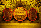 Decorative wine casks in a wine cellar, Altenahr, Eifel, Rhineland-Palatinate, Germany