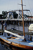 Drawbridge and sailing boat, Wieck, Mecklenburg-Pomerania, Germany, Europe