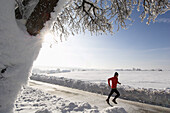 A man jogging in a winter landscape, Upper Austria, Austria