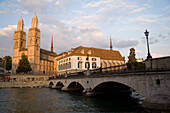 View over river Limmat with Munster Bridge, Helmhaus and Grossmunster, Zurich, Canton Zurich, Switzerland