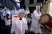 Women with drums, carneval of Aussee, Bad Aussee, Salzkammergut, Styria, Austria