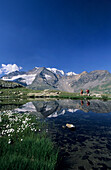 Two hikers at mountain lake, mountains Piz Palü and Bellavista in background, Bernina, Upper Engadin, Grisons, Switzerland