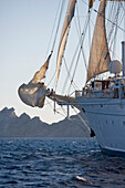 Sailors on Star Flyer Bowsprit, Star Clippers' Star Flyer Sailing Ship, near Patmos, Dodecanese Islands, Greece