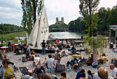 Beach bar at Cornelius Bridge, Lehel, Munich, Bavaria, Germany