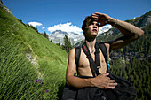 Man, Climber, Preparing, checking, Gimmelwald, Lauterbrunnen, Switzerland