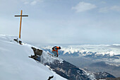 Skier jumping, Chandolin and Saint-Luc ski resort, Canton of Valais, Switzerland
