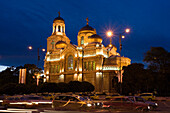 Illuminated Chram Sveta Uspenie Bogorodicno cathedral at Varna, Bulgaria, Europe