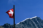swiss flag with ridge Biancograt, hut Tschiervahütte, Bernina range, Oberengadin, Grisons, Switzerland