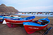 Fishing boats on the beach, man-made Playa de las Teresitas, near village of San Andrés, Tenerife, Canary Islands, Atlantic Ocean, Spain